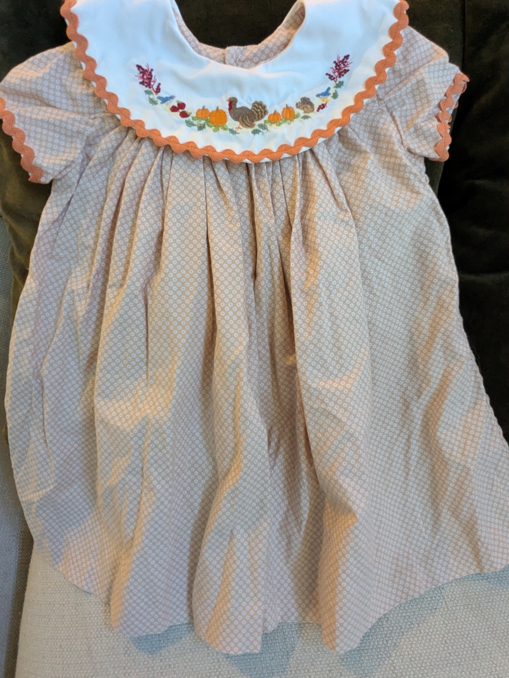 Source Unknown Beige and White Smocked Kids Casual Dress with Autumn Embroidery